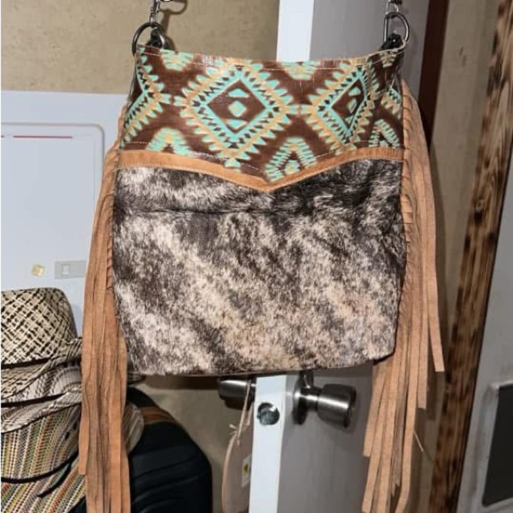 Brown and Tan Shoulder Bag with Woven Pattern and Fringe Details